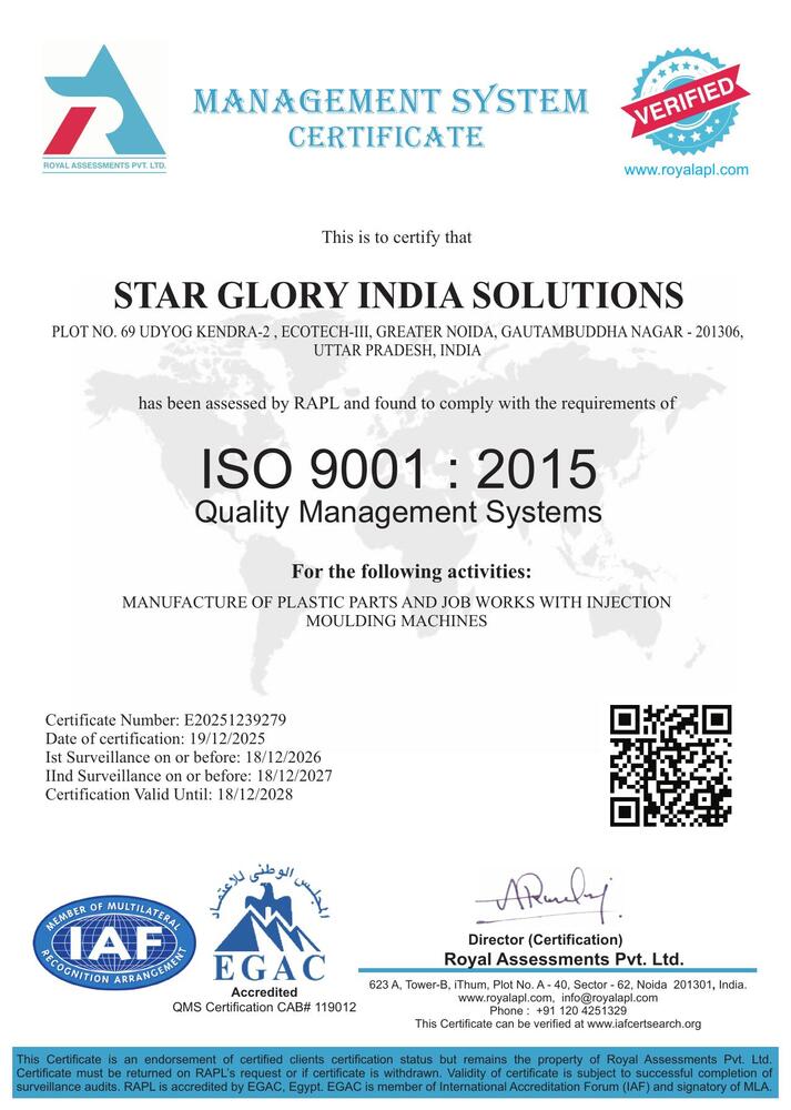 Star Glory India Solutions ISO 9001:2015 Quality Management Certificate